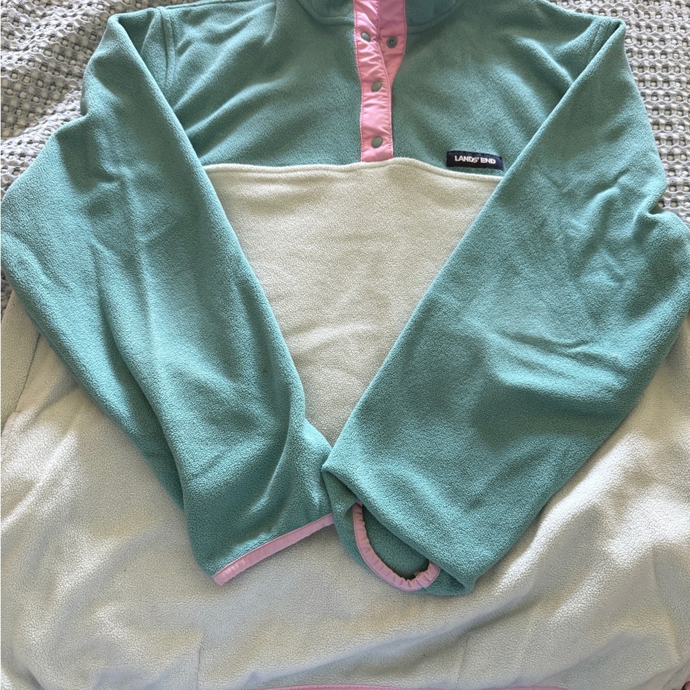 Lands End Heritage Fleece- Green and pink Fleece Pullover